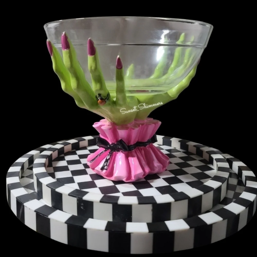 Glam Witch Hands Coquette Bow Halloween Candy Serving Bowl PINK GREEN NEW